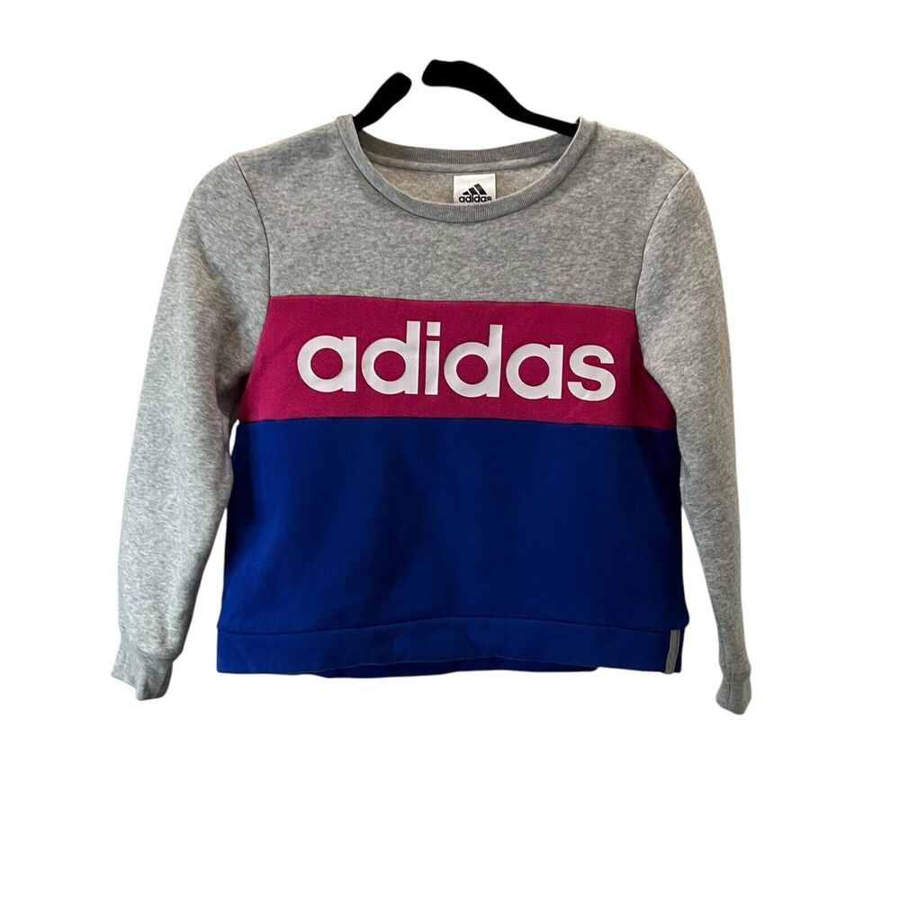 Adidas Colorblock Spellout Logo Gray Pink Blue Girls Youth Size 10/12 Sweater